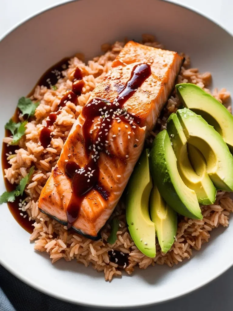 a white bowl contains a piece of cooked salmon, glistening with a dark sauce and sprinkled with sesame seeds, resting on a bed of reddish-brown rice. sliced avocado is arranged beside the salmon. the dish is presented simply, showcasing the textures and colors of the ingredients. the background is a neutral surface