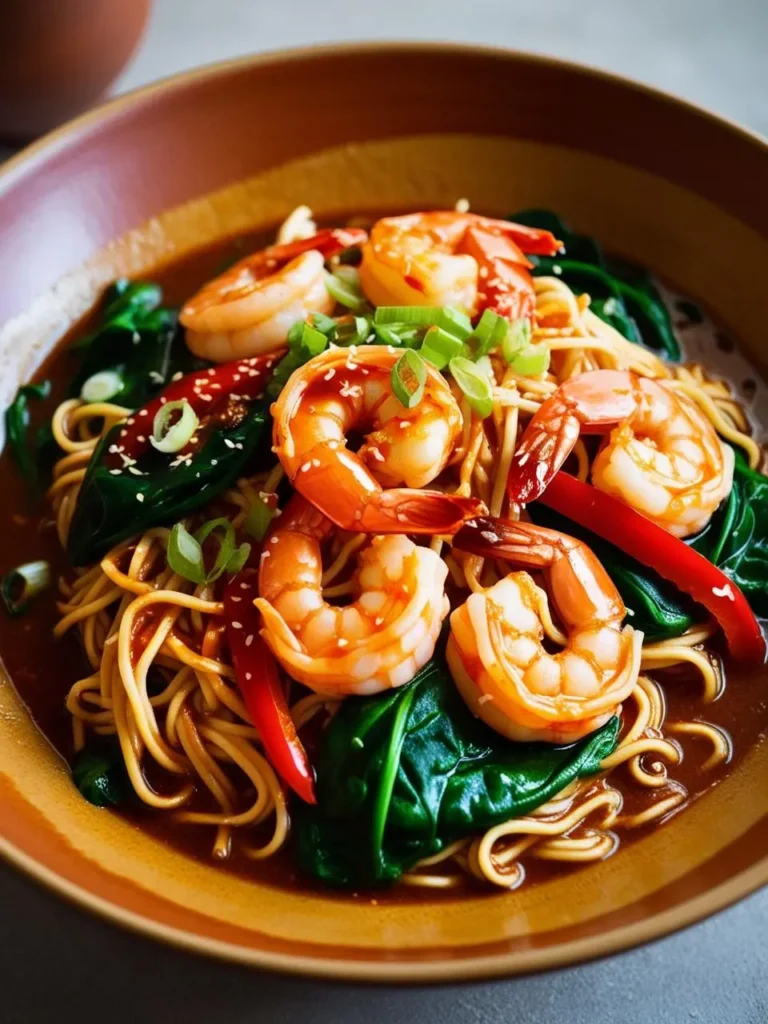 a bowl of shrimp lo mein with spinach and red peppers. the noodles are light yellow and tangled. the shrimp are pink and curled. the spinach is dark green and leafy. red pepper slices are visible. chopped green onions are sprinkled on top. the bowl is brown with a light rim. the background is gray