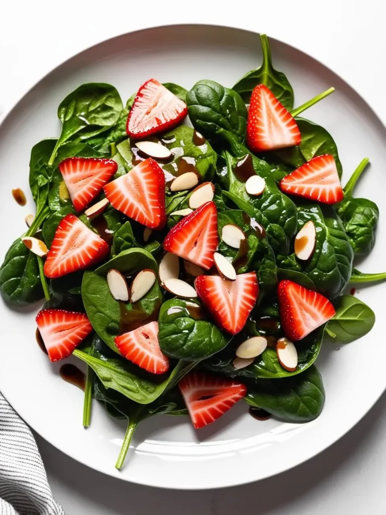 a strawberry spinach salad on a white plate. the salad includes fresh spinach leaves, sliced strawberries, and almond slivers. a dark balsamic glaze is drizzled over the salad. the strawberries are red and arranged in a pattern. the spinach is green and leafy. the almonds are light brown. the plate is round and white