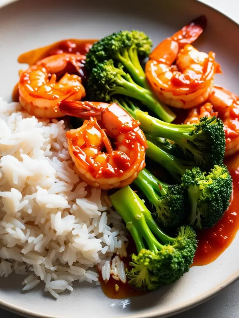 a plate of shrimp and broccoli with rice. the shrimp are pink and cooked, arranged among bright green broccoli florets. a reddish sauce is visible. white rice is on the side. the plate is light-colored. the meal appears flavorful and colorful. a light surface is visible. the dish is plated neatly