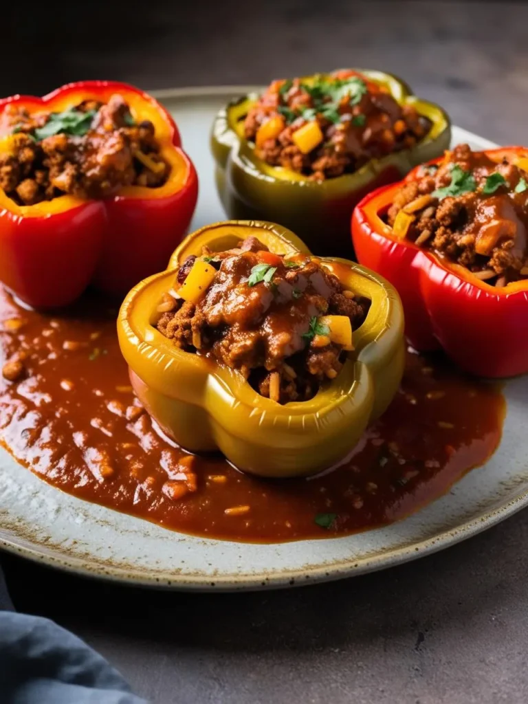 four colorful bell peppers, red and yellow, are filled with a ground meat mixture and placed on a speckled plate. the peppers are surrounded by a tomato-based sauce. the plate sits on a dark surface, and a grey cloth is visible on the side. the dish is shot from a close angle