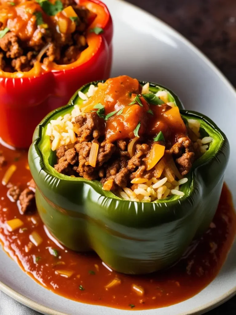 a grey plate holds two stuffed bell peppers, one red and one green, filled with rice and ground meat. a tomato-based sauce is drizzled over the peppers and plate. the peppers are shot from a close angle, showcasing the textures and colors of the filling. a napkin is visible on the side