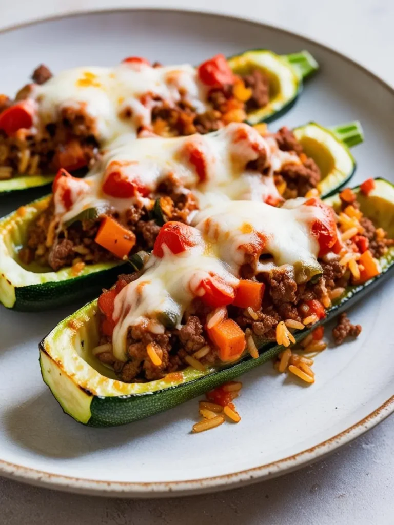 two zucchini halves, hollowed and filled with a mixture of ground meat, rice, and diced vegetables, topped with melted cheese. the zucchini boats rest on a speckled plate. the filling is colorful, and the cheese is bubbly. the plate sits on a light surface, viewed from a close angle, showcasing the texture