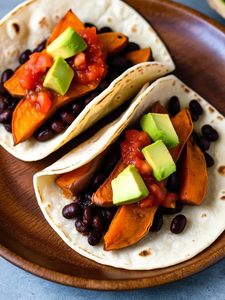 two corn tortillas filled with roasted sweet potato slices, black beans, salsa, and avocado chunks. the tacos are arranged on a wooden plate. the dish is shot from above, showcasing the colorful ingredients and textures. the tacos appear simple and healthy, with a rustic presentation. the background is a light surface