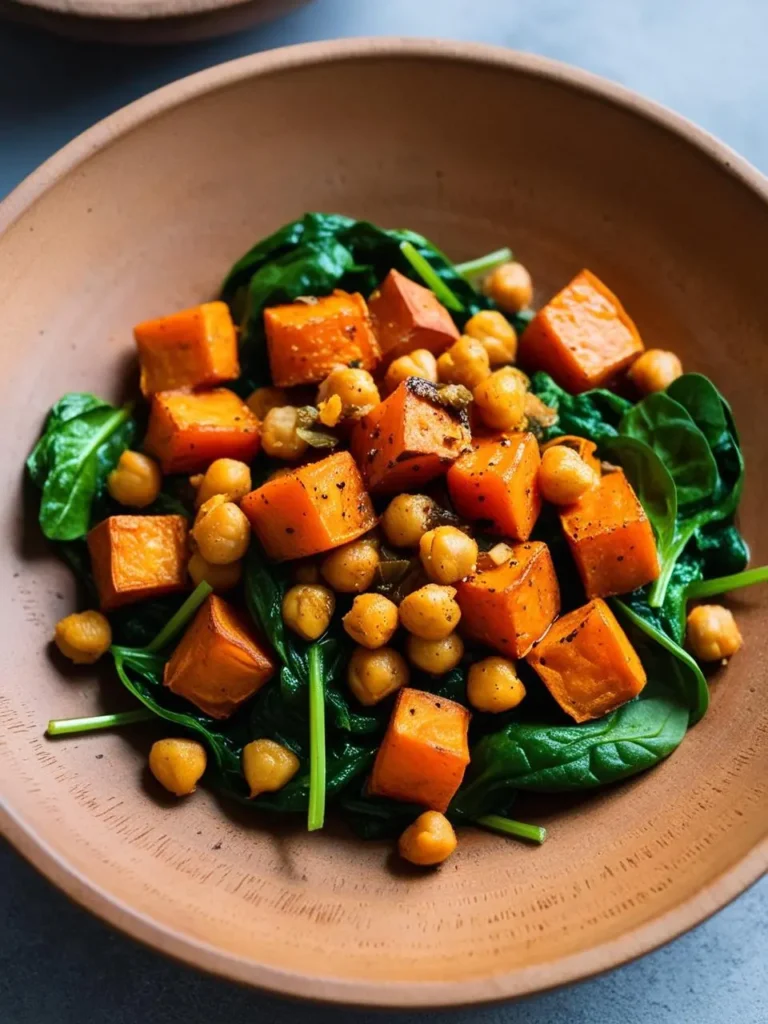 a terracotta bowl filled with vibrant green spinach, golden chickpeas, and roasted orange sweet potato cubes. the bowl is centered, showcasing the colorful ingredients and their textures. the dish appears healthy and appetizing, with a simple yet elegant presentation. the background is a soft, muted gray