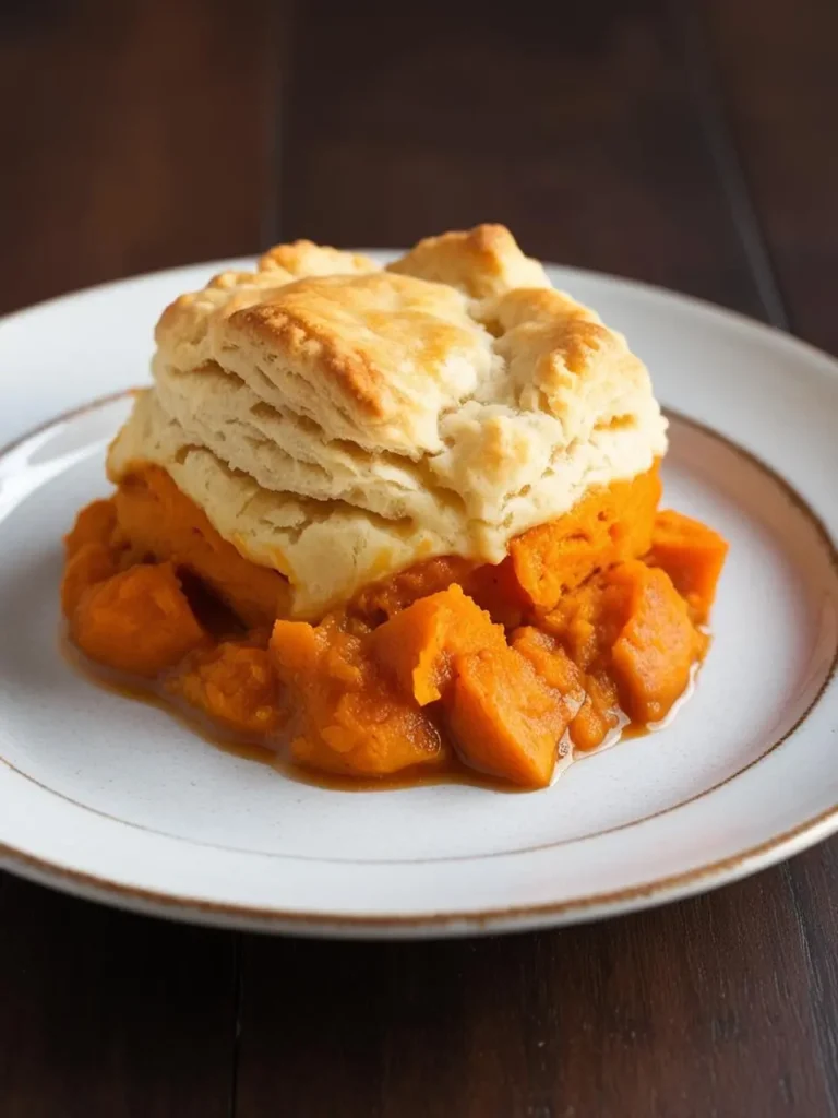 a sweet potato cobbler on a white plate. the cobbler has a golden brown biscuit topping and visible cooked sweet potatoes. the sweet potatoes are orange and chunky. the plate is white with a gray rim. the cobbler appears warm and comforting. the background is dark wood. the scene is brightly lit