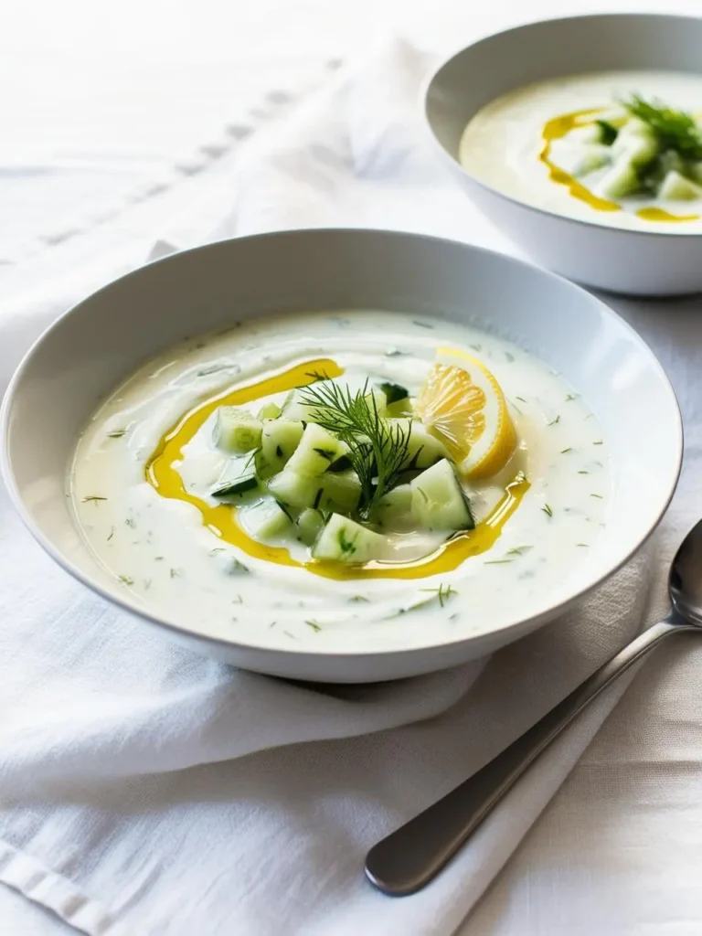 two bowls of creamy, light-colored soup, likely tzatziki or cucumber soup, are presented on a white tablecloth. each bowl is topped with diced cucumber, dill sprigs, a lemon slice, and a drizzle of olive oil. a spoon rests beside the front bowl. the image is shot from a close angle