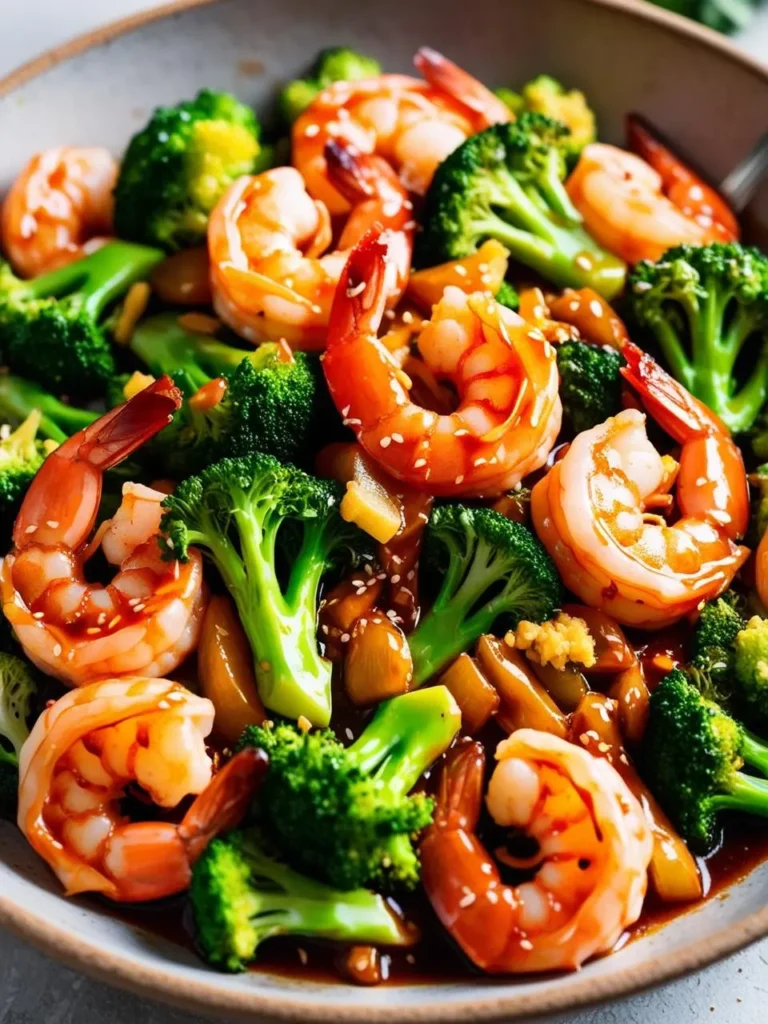 a bowl of shrimp and broccoli stir-fry with sesame seeds. the shrimp are pink and cooked, arranged among bright green broccoli florets. a dark sauce is visible. sesame seeds are sprinkled. the bowl is speckled and has a dark rim. the meal appears flavorful and colorful. a light surface is visible