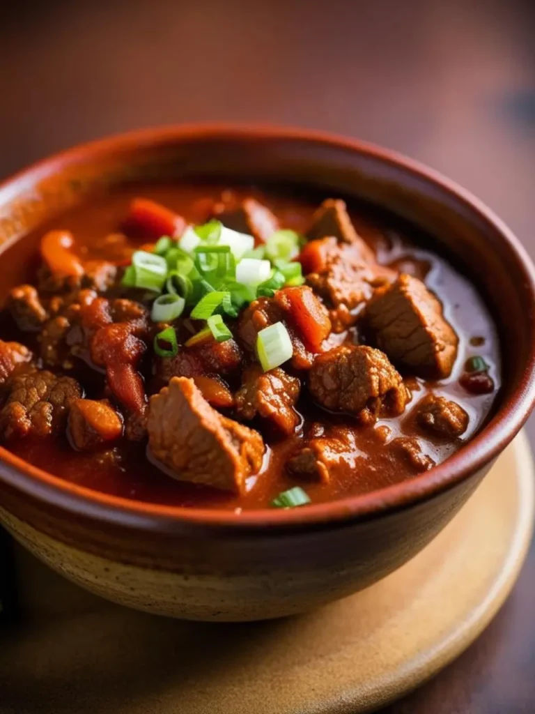 a bowl of beef chili on a wooden surface. the chili includes chunks of beef, tomatoes, and beans in a red broth. chopped green onions are sprinkled on top. the bowl is brown and has a light rim. the surface is dark wood. the chili appears hearty and warm