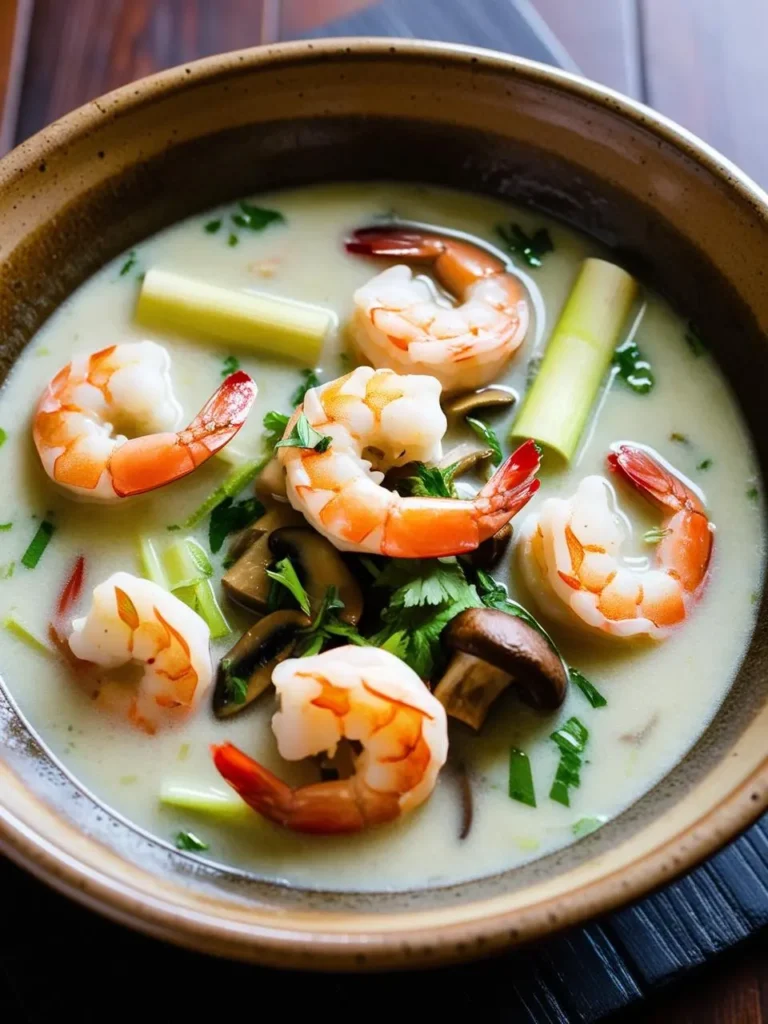 a bowl of shrimp soup with mushrooms and lemongrass on a wooden table. the soup includes cooked shrimp, sliced mushrooms, and pieces of lemongrass in a light broth. chopped herbs are visible. the bowl is speckled and has a dark rim. a black mat is visible. the shrimp are pink and curled