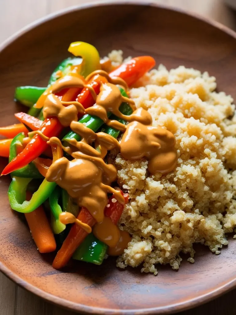 a wooden bowl holds a mix of sautéed green, orange, and red bell peppers, drizzled with a creamy peanut sauce, alongside a pile of fluffy quinoa. the dish is presented simply, showcasing the textures and colors of the ingredients. the bowl rests on a wooden surface, viewed from above