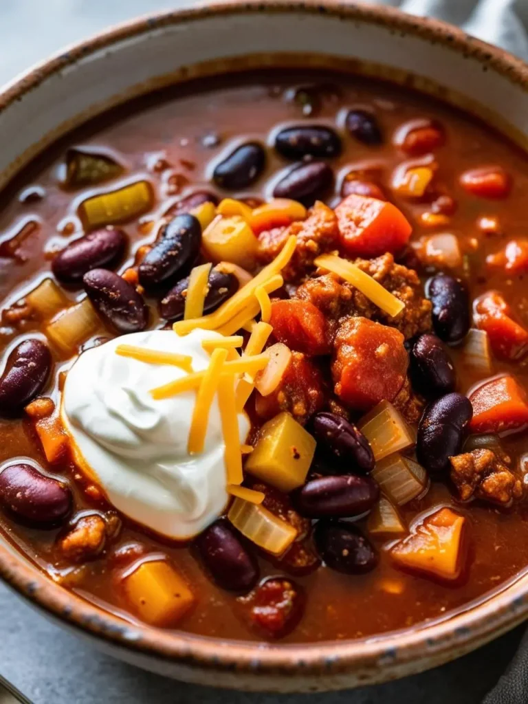 a bowl of chili with beans, vegetables, and toppings. the chili includes red kidney beans, black beans, diced vegetables, and ground meat in a red broth. a dollop of sour cream and shredded cheese are on top. the bowl is speckled and has a dark rim. a light cloth is visible on the side