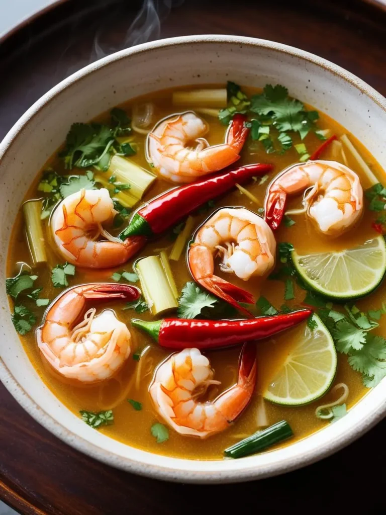 a bowl of tom yum soup with shrimp, lemongrass, chili peppers, and lime. the soup is a light broth with visible herbs and spices. the shrimp are pink and curled. red chili peppers are visible. lime wedges are bright green. the bowl is speckled and has a dark rim. steam is rising from the soup