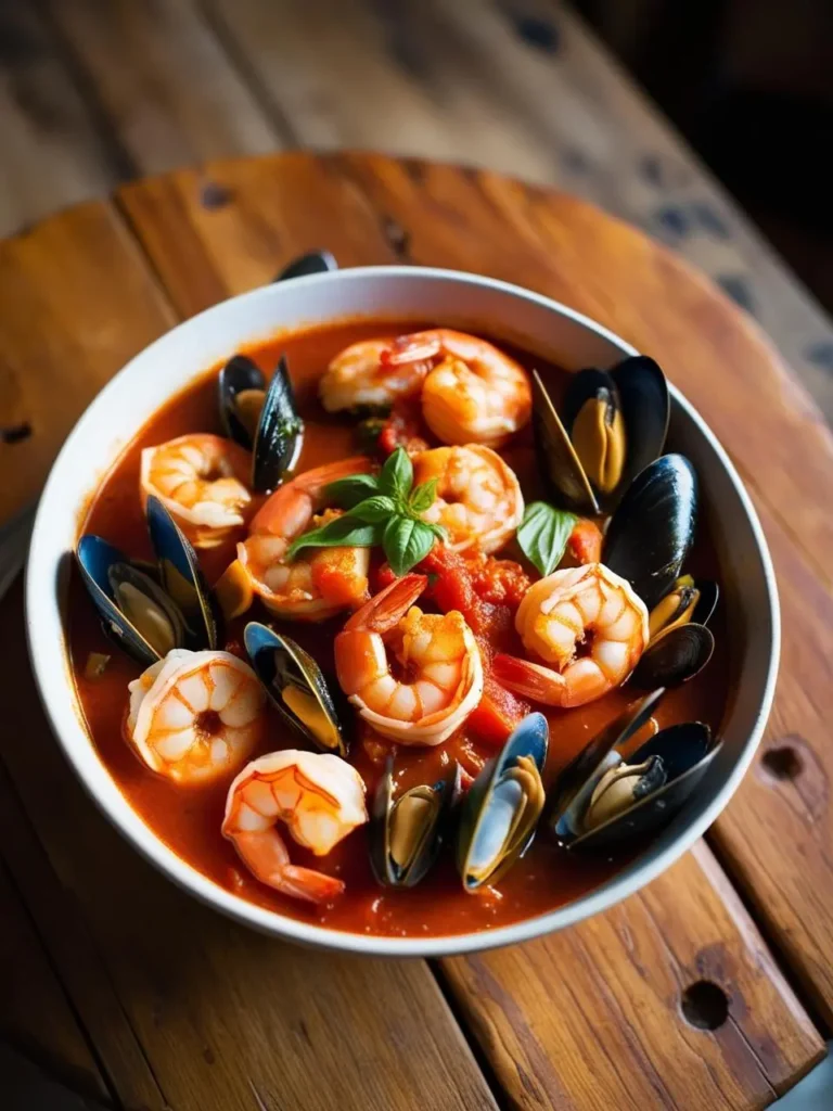 a white bowl filled with cioppino, a seafood stew featuring shrimp and mussels in a rich tomato broth. fresh basil leaves garnish the dish. the bowl sits on a wooden table with a rustic texture. the stew is shot from a close angle, showcasing the colorful ingredients