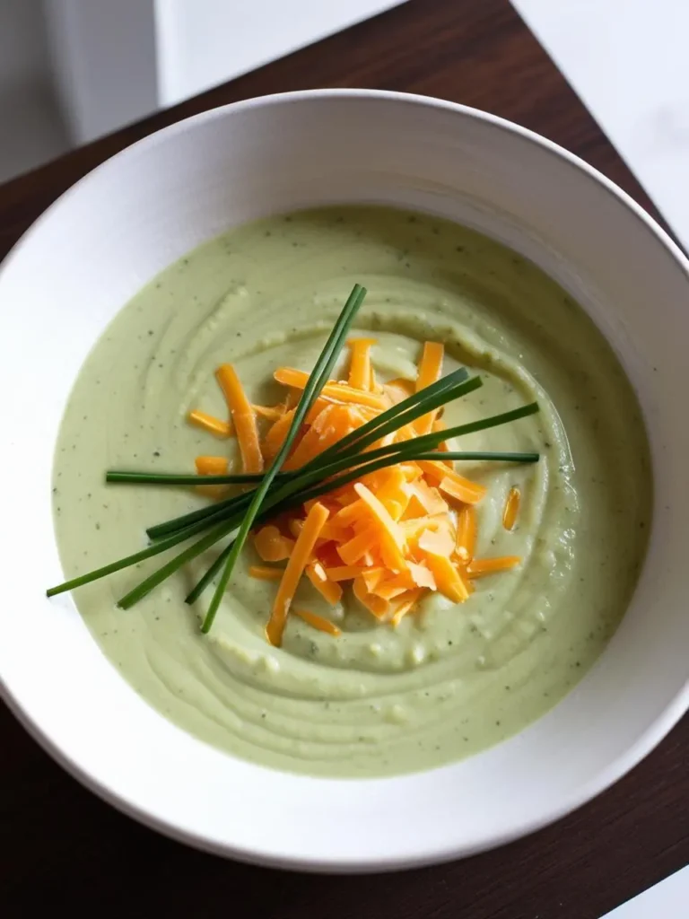 a bowl of creamy broccoli soup on a dark surface. the soup is light green with a swirl of cream. shredded cheese and chives are placed in the center. the bowl is white and has a wide rim. the surface is dark wood. the soup appears smooth and garnished