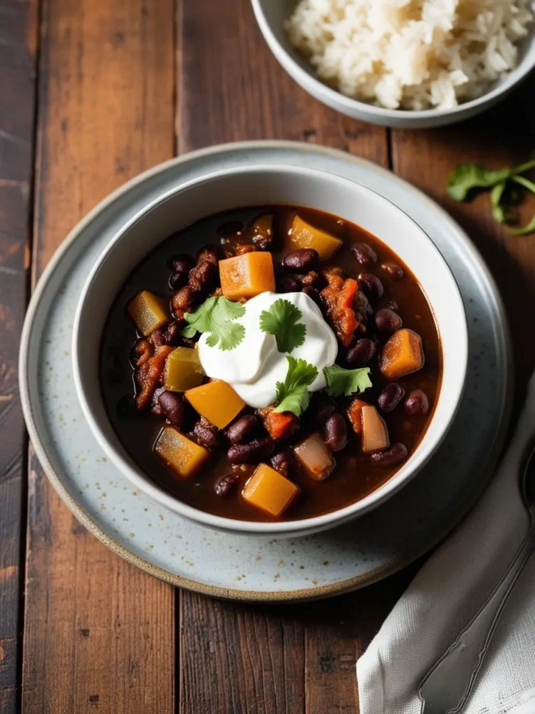 a bowl of sweet potato and black bean chili on a wooden table. the chili includes chunks of sweet potato and black beans in a dark broth. a dollop of sour cream and cilantro leaves are on top. a bowl of rice is blurred in the background. a cloth and spoon are visible. the bowl is light-colored