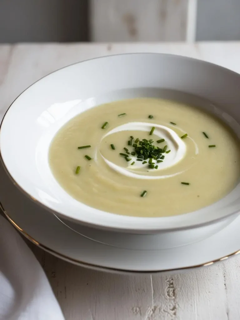 a white bowl filled with creamy, light-colored soup, likely vichyssoise, topped with a swirl of cream and chopped chives. the bowl sits on a white plate with a gold rim. a white cloth is visible on the side. the image is shot from a close angle, showcasing the smooth texture of the soup