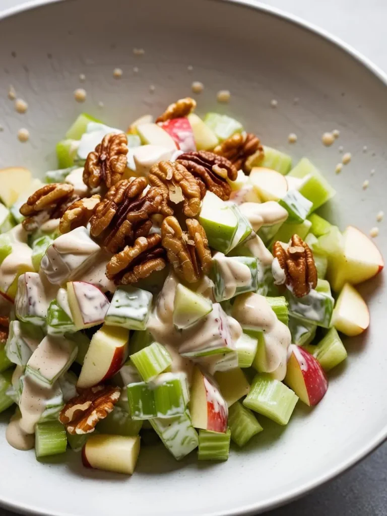 a waldorf salad in a speckled bowl. the salad includes chopped apples, celery, and walnuts. a creamy dressing is visible. the bowl is light-colored with darker speckles. the salad appears fresh and crunchy. the walnuts are brown and textured. the apples and celery are green and white