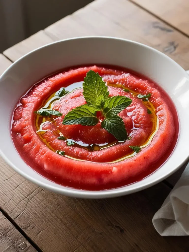 A bowl of vibrant red gazpacho soup, topped with fresh mint leaves and a drizzle of olive oil. The soup is smooth and creamy, and the presentation is simple yet elegant.