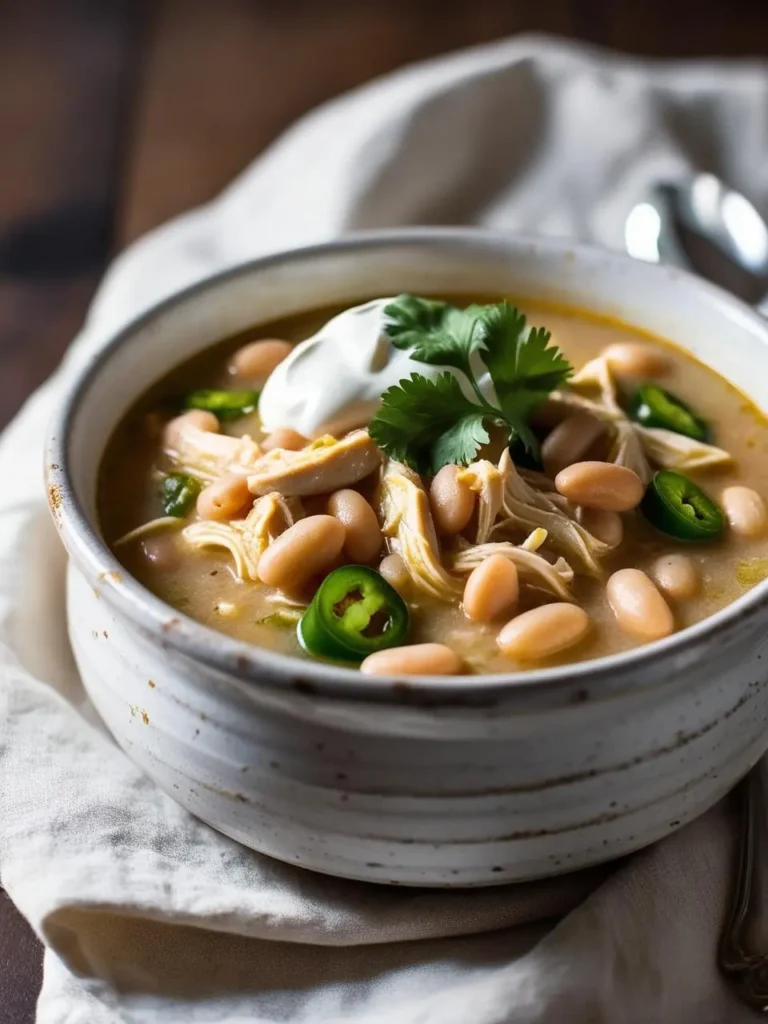 a bowl of white chicken chili on a light cloth. the chili includes shredded chicken, white beans, and sliced jalapeños in a creamy broth. a dollop of sour cream and a sprig of cilantro are on top. the bowl is speckled and has a light rim. a spoon is blurred in the background