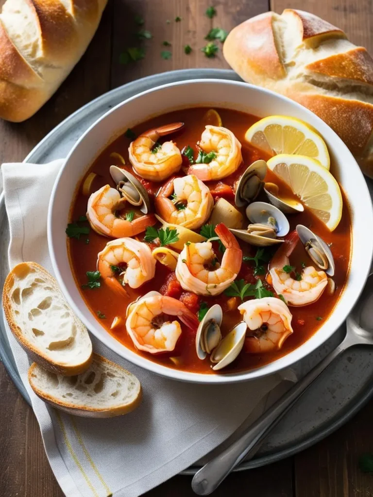 a bowl of cioppino, a seafood stew with shrimp, clams, and tomatoes in a rich broth. lemon slices and fresh parsley garnish the dish. sliced bread and a spoon are placed beside the bowl on a round tray. two loaves of bread are visible in the background