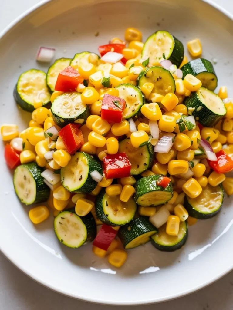 a speckled plate holds a colorful mix of cooked corn kernels, sliced zucchini, diced red peppers, and chopped onions. the vegetables are lightly seasoned and arranged in a scattered pattern. the plate sits on a light surface, viewed from above, showcasing the fresh and vibrant summer dish