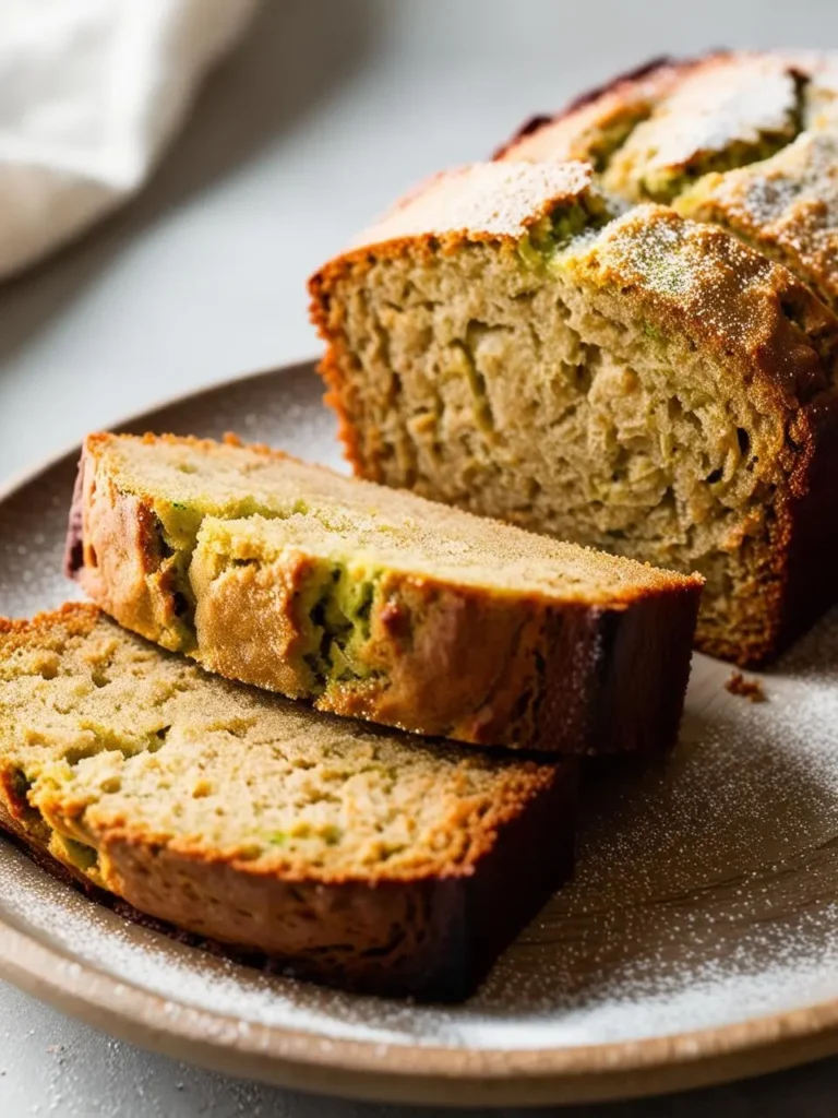 a sliced loaf of zucchini bread on a speckled plate. the bread is golden brown with a light dusting of powdered sugar. two slices are cut and placed in front of the loaf. the bread has a visible texture, and the image is shot from a close angle, showcasing the detail of the bread