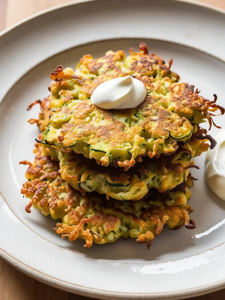 a stack of golden-brown zucchini fritters on a speckled white plate. a dollop of white cream rests on top of the fritters. the fritters have a crispy texture with visible shreds of zucchini. the plate sits on a wooden surface, viewed from a close angle, highlighting the details of the dish