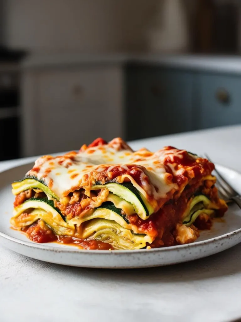 a slice of zucchini lasagna on a speckled plate. layers of zucchini, red sauce, and melted cheese are visible. a fork rests beside the plate. the lasagna is shot from a close angle, showcasing the textures and layers. the background is a blurred kitchen scene with cabinets and a counter