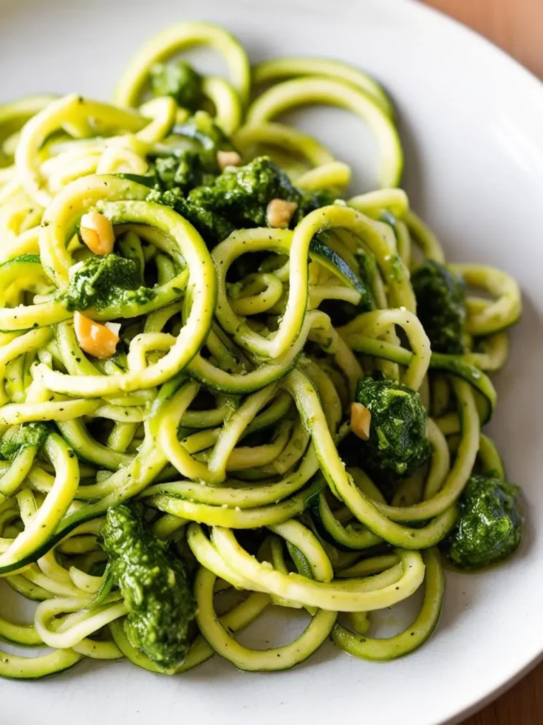 a white plate holds a pile of spiralized zucchini noodles, tossed with bright green pesto and scattered pine nuts. the dish is shot from a close angle, showcasing the textures and colors of the ingredients. the noodles are lightly coated in pesto, and the pine nuts add a touch of crunch