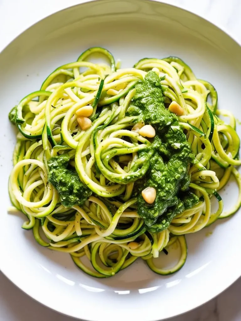 a white plate holds a nest of spiralized zucchini noodles, topped with dollops of bright green pesto and scattered pine nuts. the dish is shot from above, showcasing the textures and colors of the ingredients. the plate rests on a light surface, highlighting the simple and healthy meal