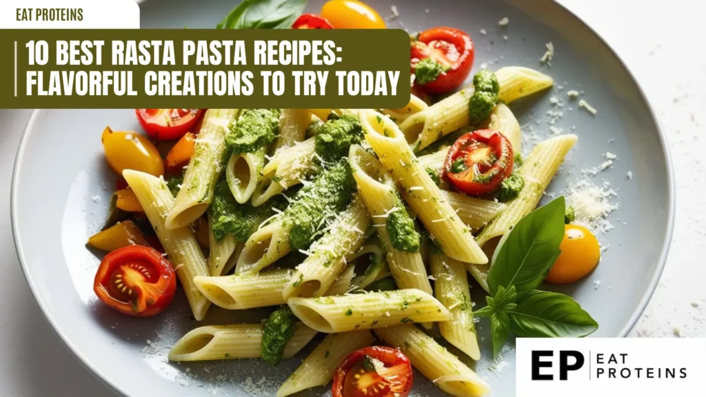 a close-up shot of pesto pasta on a gray plate. penne pasta is coated in bright green pesto sauce, garnished with halved red and yellow cherry tomatoes, grated parmesan cheese, and fresh basil leaves. the colorful pasta dish is presented with the text "10 best rasta pasta recipes" and the "eat proteins" logo
