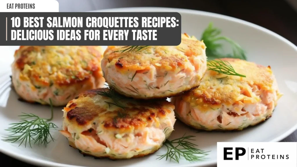a close-up shot shows four golden-brown salmon patties, garnished with fresh green dill, arranged on a white plate. the patties appear crispy on the outside and tender inside. the image highlights the texture and color, suggesting a delicious and healthy seafood dish