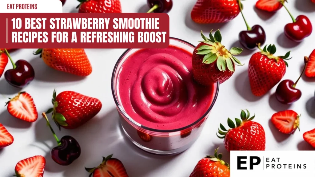 a glass filled with a vibrant pink strawberry smoothie, topped with a fresh strawberry, sits amidst a scattering of whole and halved strawberries and cherries, creating a visually appealing and appetizing scene