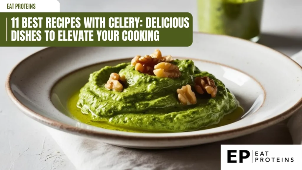 a creamy, vibrant green pesto sauce, likely featuring celery, is presented in a shallow white bowl. it's topped with several light brown walnut halves. a drizzle of oil surrounds the pesto, and a glass of the same green sauce is visible in the blurred background
