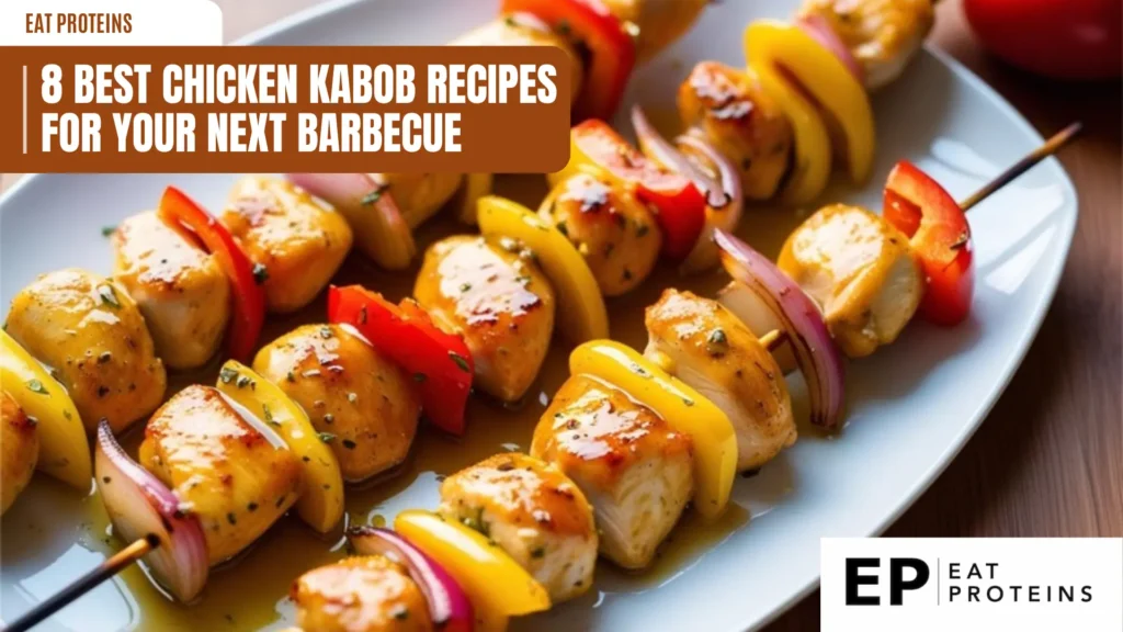 skewers of grilled chicken kabobs alternate with red and yellow bell peppers and red onions, presented on a white plate. the kabobs are drizzled with a glossy sauce, and the plate is set against a blurred background