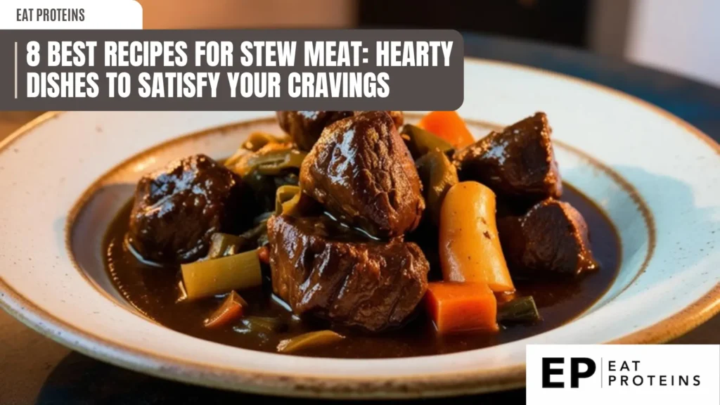 a close-up shot of tender pieces of beef, carrots, and green vegetables simmered in a rich, dark brown stew. the hearty dish is presented in a white bowl, suggesting a comforting and flavorful meal. the text "8 best recipes for stew meat" and "eat proteins" are visible