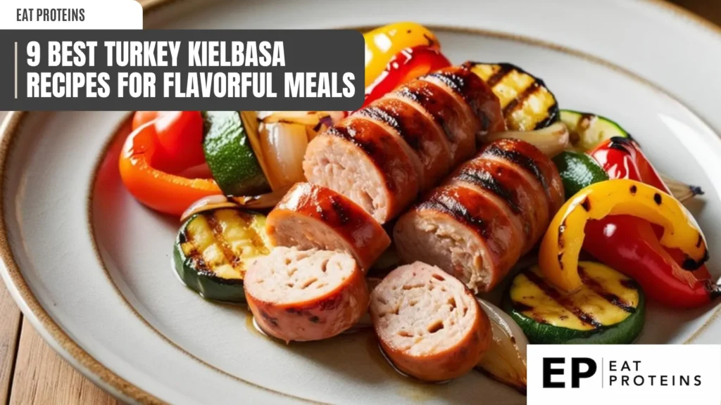 grilled turkey kielbasa, sliced and whole, is arranged on a plate with colorful grilled vegetables including red, yellow, and green bell peppers, zucchini, and onions. the kielbasa has distinct grill marks, and the vegetables appear tender and slightly charred, suggesting a flavorful meal