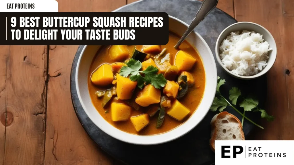 a close-up overhead shot of butternut squash curry in a white bowl on a dark round surface. chunks of bright orange butternut squash and green vegetables are simmered in a rich, golden-brown curry sauce, garnished with fresh cilantro. a bowl of white rice and a slice of bread are nearby
