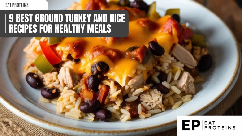 a close-up shot of a fiesta chicken casserole with rice and beans. the casserole is topped with melted cheese, black beans, and pieces of chicken, showcasing a hearty and flavorful meal.