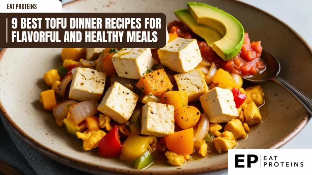 a bowl of colorful tofu scramble is featured, with cubes of tofu, yellow and red bell peppers, and onions. a spoon holds a portion topped with salsa and avocado. the dish is presented in a rustic bowl, suggesting a healthy and flavorful vegetarian meal