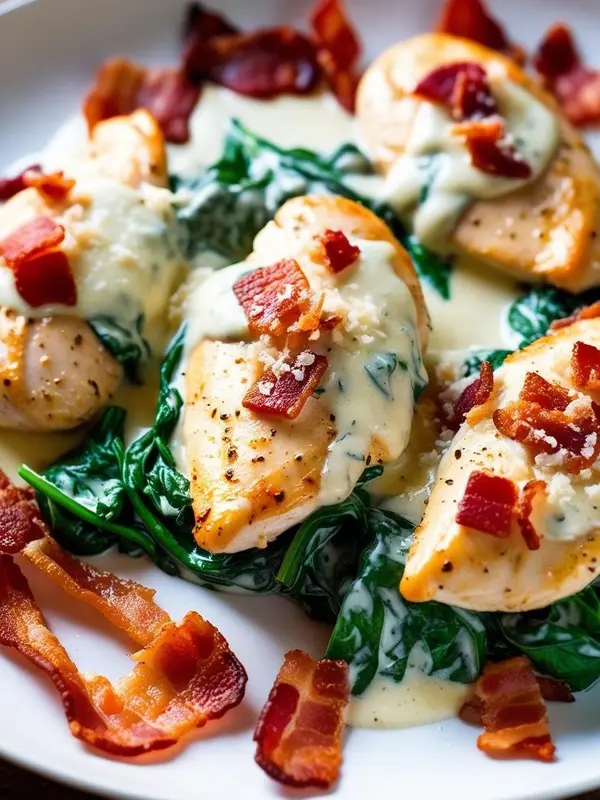 a close-up shot of creamy garlic chicken with spinach and bacon on a white plate. golden-brown chicken breasts are nestled on vibrant green spinach, drizzled with a creamy white sauce, and topped with crispy bacon pieces. the rich and savory dish is presented with scattered bacon strips