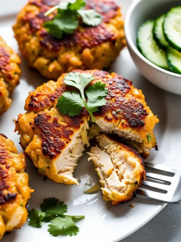 a close-up shot of a plate with a crab cake, cod, and sweet potato fish cakes, garnished with fresh herbs