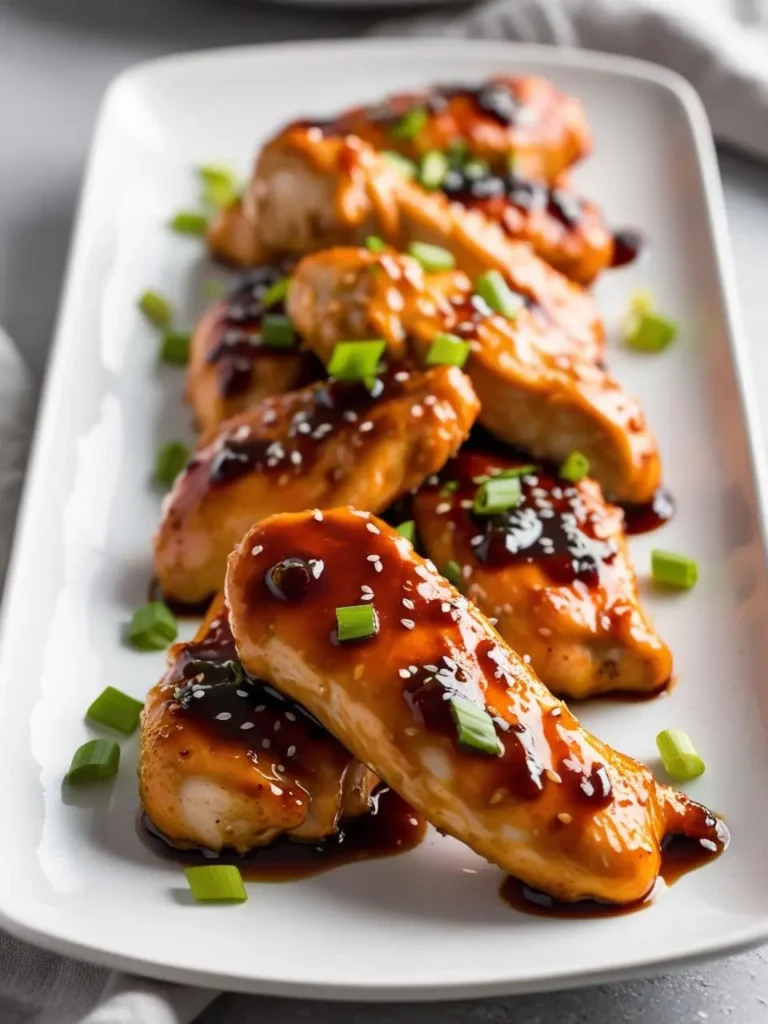 a close-up shot of honey garlic chicken tenders on a white rectangular plate. several golden-brown chicken tenders are coated in a glossy, dark honey garlic sauce, sprinkled with white sesame seeds and chopped green onions. the flavorful dish sits on a light gray surface with a blurred background