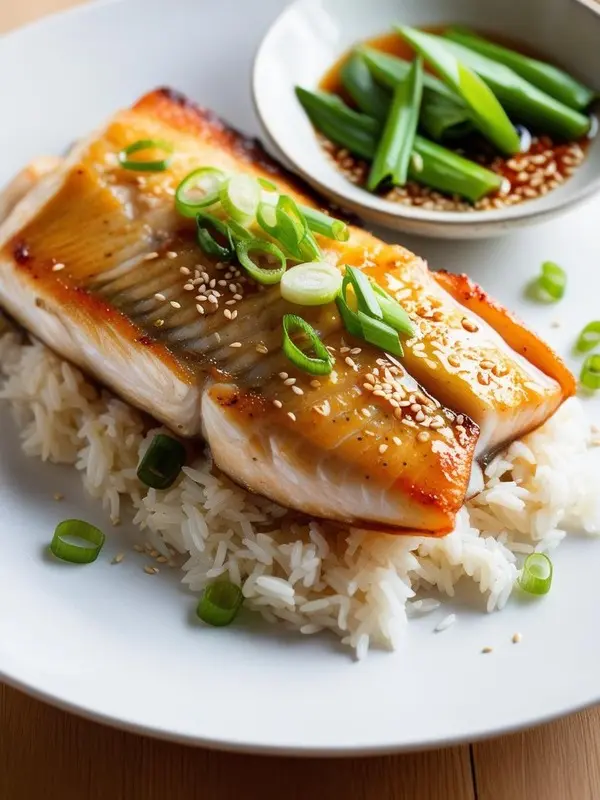a close-up shot of miso glazed cod on a white plate. the golden-brown fish fillets are topped with green onions and sesame seeds and served over white rice. a small bowl of sauce is visible in the background