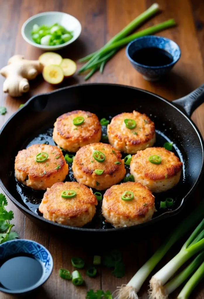 a close-up shot of six golden-brown salmon patties in a black pan, topped with sliced green jalapeños. bowls of soy sauce and chopped green onions are visible, suggesting an asian-inspired dish