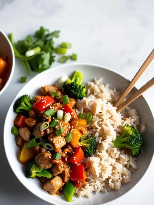 a close-up shot of teriyaki chicken stir fry in a white bowl. pieces of glazed chicken are mixed with broccoli, red and yellow bell peppers, and green onions, served alongside brown rice. chopsticks rest on the edge of the bowl, which sits on a white surface with scattered green onions and cilantro