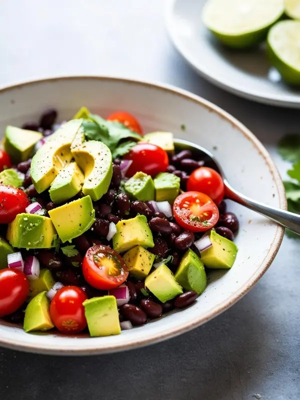a colorful avocado black bean salad fills a white bowl, showcasing creamy avocado chunks, dark black beans, halved red cherry tomatoes, and diced red onion, all tossed with fresh cilantro. a silver spoon rests in the salad, and lime wedges sit on a plate in the background