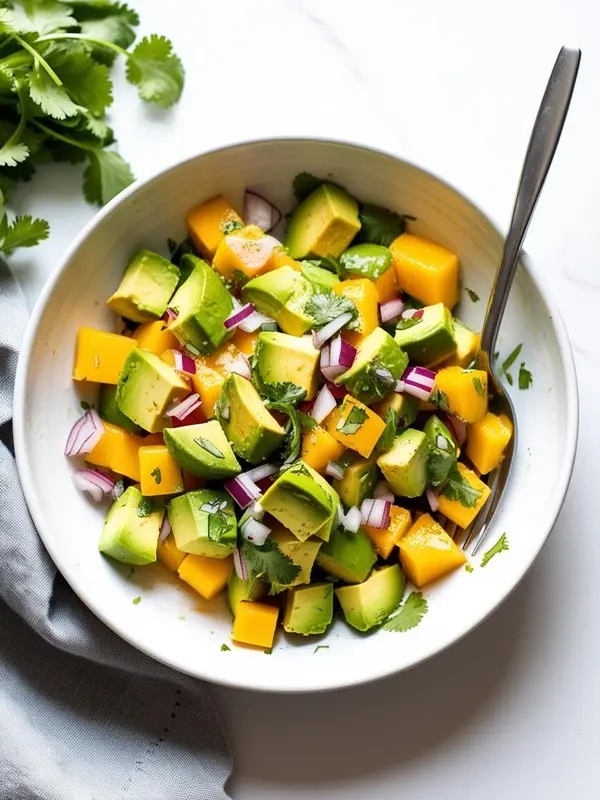 a colorful mango avocado salsa fills a white bowl, featuring diced ripe mango, creamy avocado, and sharp red onion, all tossed with fresh cilantro. a silver serving spoon rests in the salsa, and a bunch of cilantro sits beside the bowl on a white surface with a gray cloth