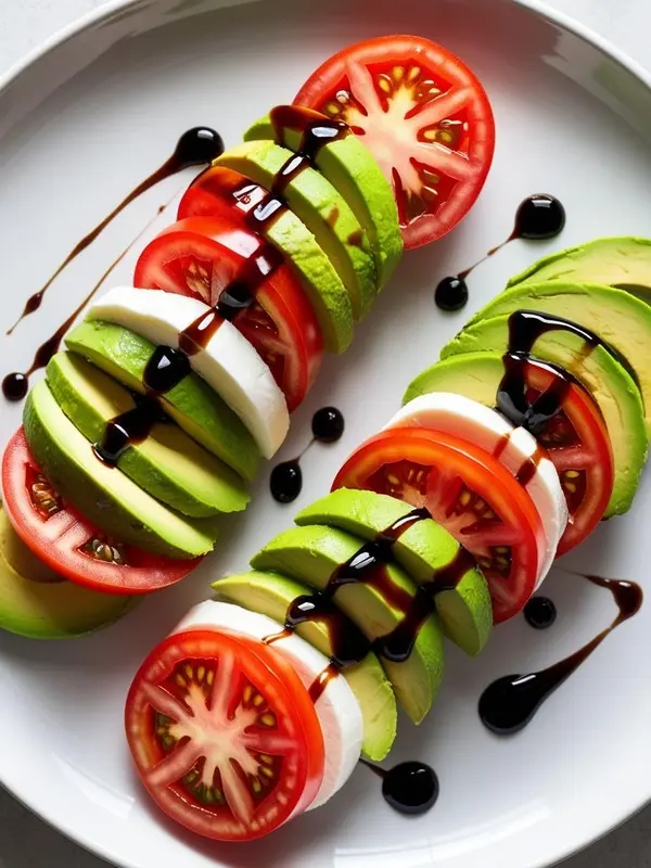 two stacks of sliced caprese salad are arranged on a white plate. each stack alternates vibrant red tomato slices, creamy white mozzarella, and smooth green avocado, drizzled with a glossy balsamic glaze. the simple yet elegant salad is presented from an overhead perspective